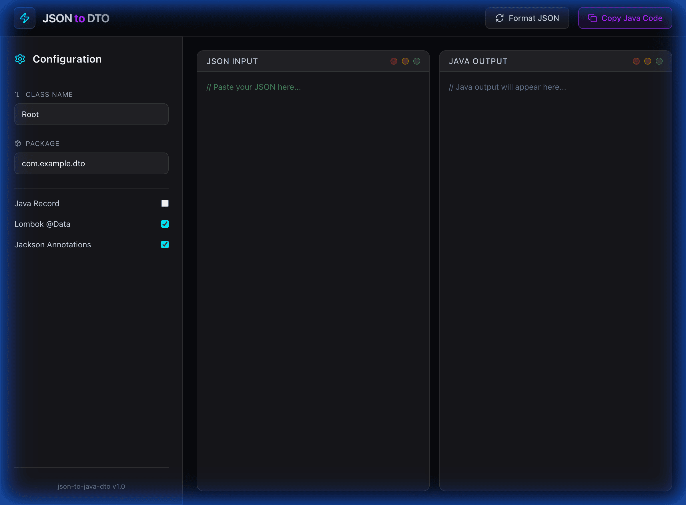 JSON to DTO Main Interface